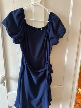 Classic Navy Puff-Sleeve Wrap Dress